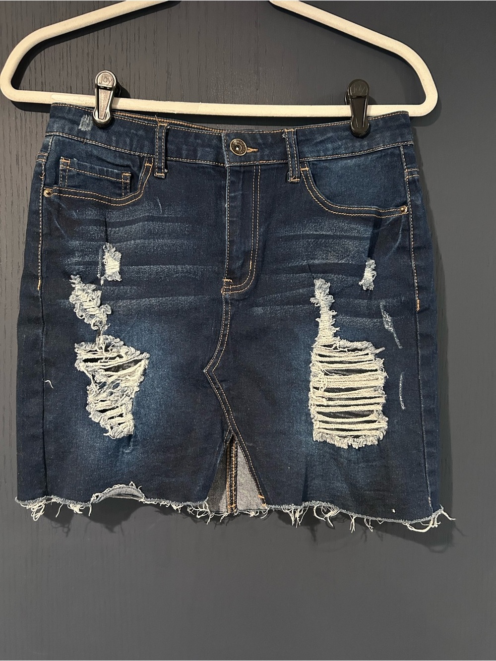 Women's Distressed Dark Blue Denim Mini Skirt - Casual Edgy Style